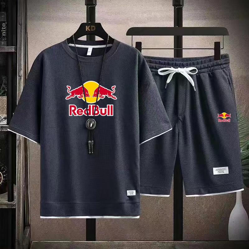 Мужской летний новый стиль 2026 года Вафельный комплект с коротким рукавом и шортами с принтом Red Bull