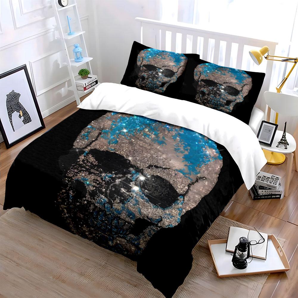 3Pcs Glitter Rhinestone Skull Bedding Set, Silver Blue Sparkle Skeleton Print 1 Duvet Cover 2 Pillowcases Single Double, Gift