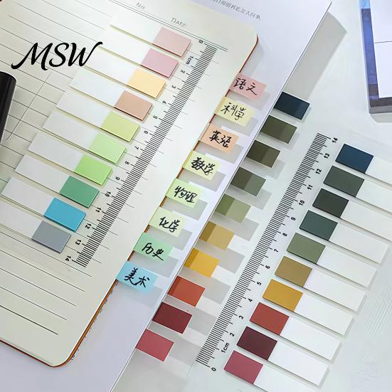 Student Stationery Supplies Index Sticker Tabs with Built-in Scale Ruler, Morandi Color Transparent Page Markers PET Markers, Compact Writable
