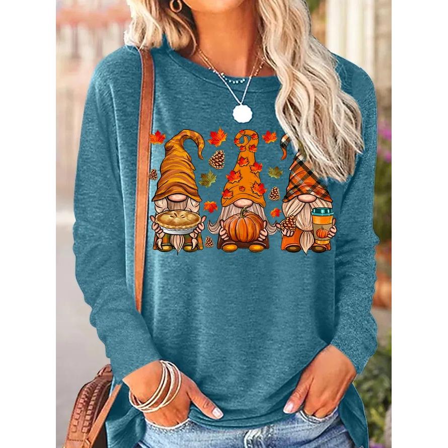 Футболки с длинными рукавами и забавным принтом для женщин, модный повседневный пуловер, осенние гномы, осенние повседневные топы в стиле Харадзюку с тыквой и принтом на День благодарения