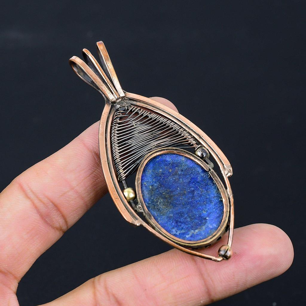 Щедрый лазуритовый драгоценный камень Чистая медная проволока Обернутая ювелирная подвеска ручной работы