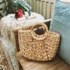 Yogodlns Simple Straw Handbag for Girls Summer Beach Travel Hand Bag Half Moon Hand Woven Rattan Handbags Round Handle Bags