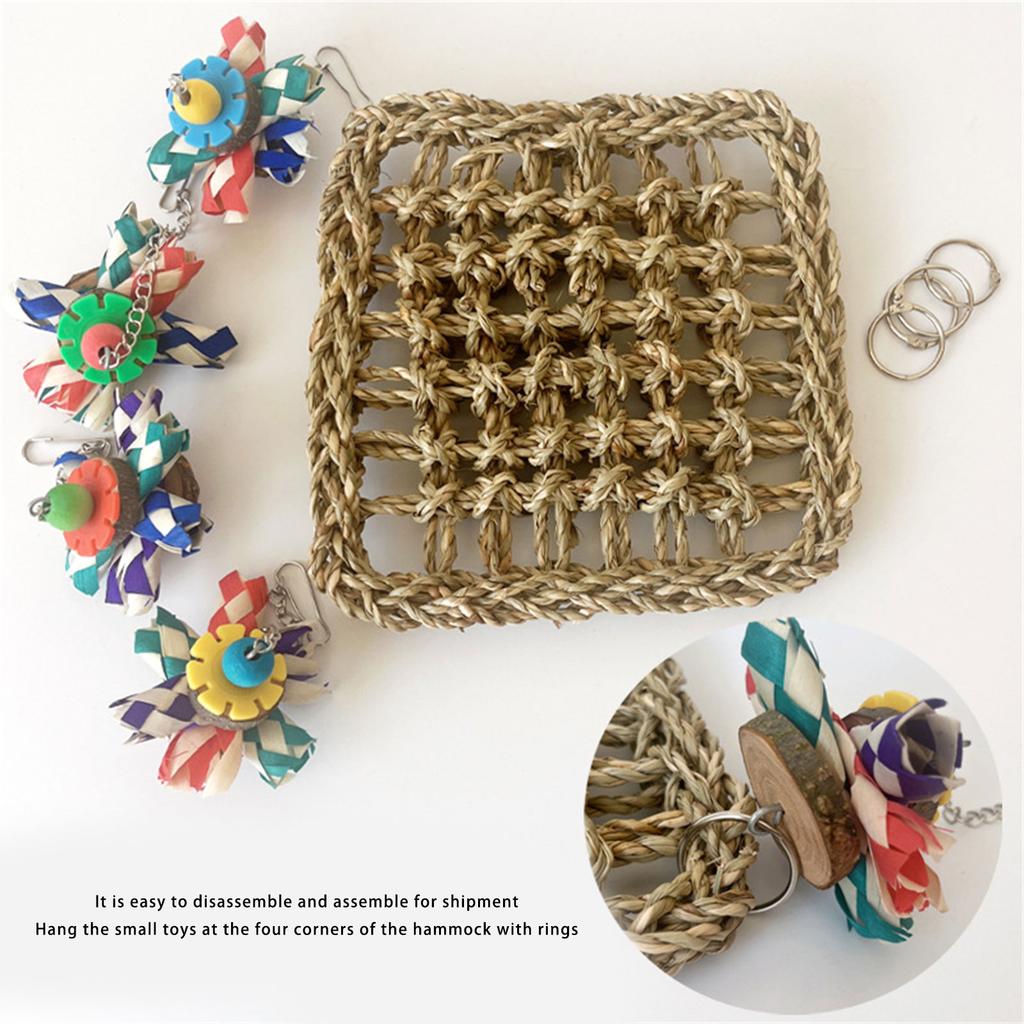 Multiuse Bird Perch Chewable Hammock Cage Hanging Toy with Natural Woven Straw Safe For Pet Parrots Entertainment Fun