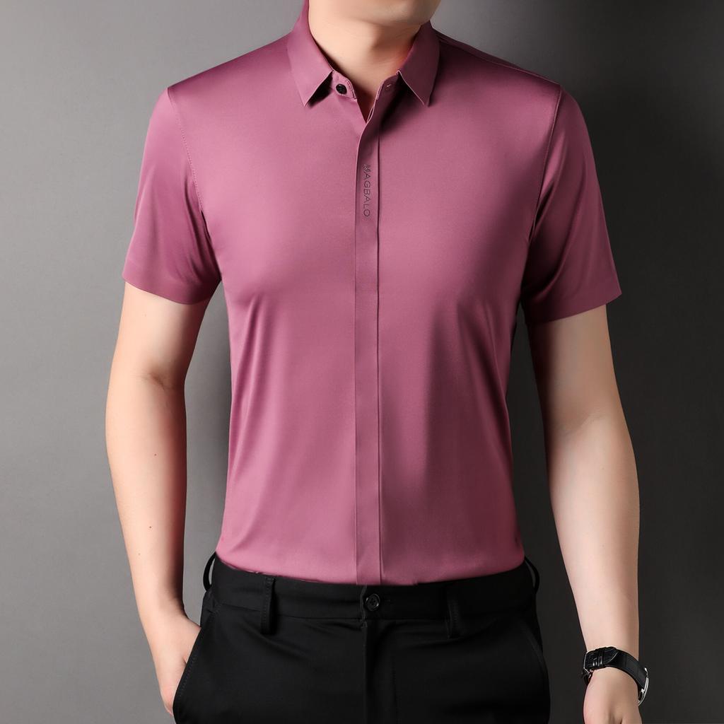 2025 Лето Мужская Однотонная Рубашка Мужская Деловая Платье Гавайские Рубашки Лето Мужская Свободная Блузка с Коротким Рукавом