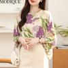 MODIQUE Весна Лето Большие размеры Женская повседневная свободная элегантная хлопковая блузка с цветочным принтом и пышными рукавами Рубашки Женский оверсайз пуловер с круглым вырезом и длинными рукавами