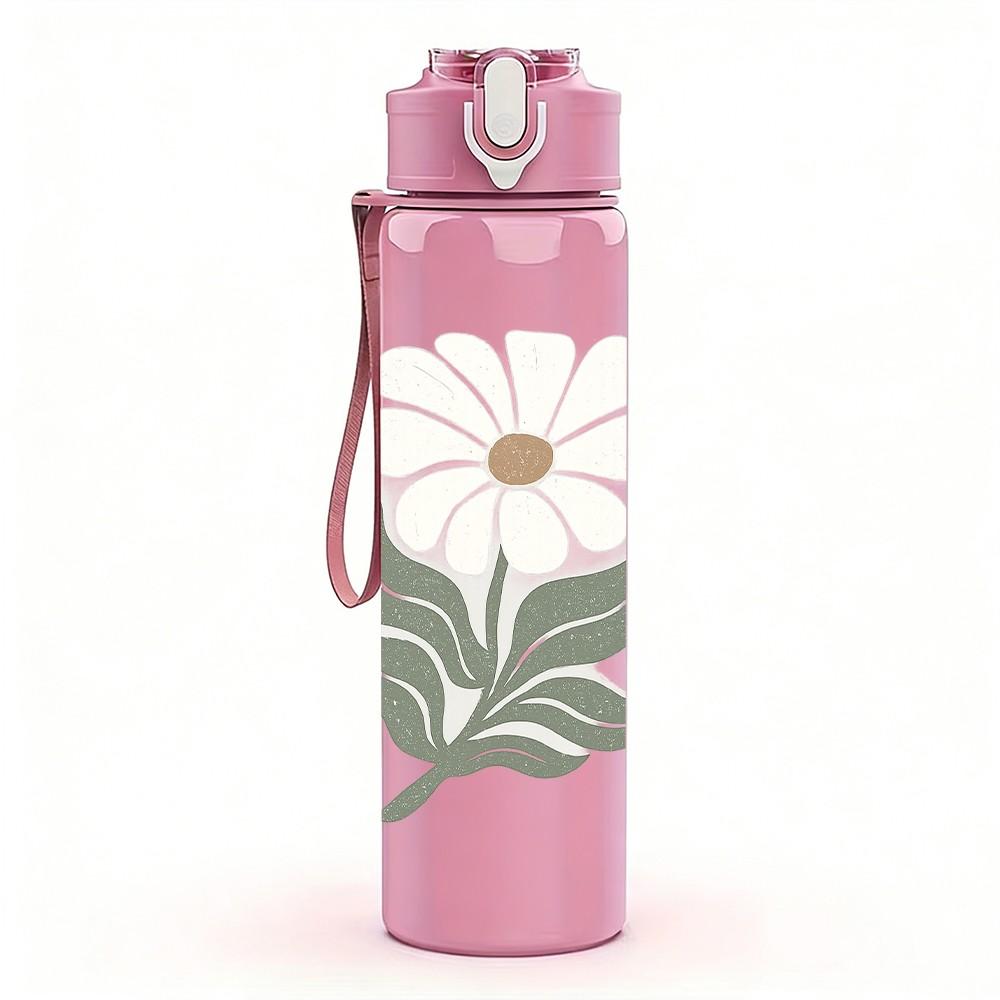 1PC Simple White Daisy Leaf Art 750ml Color Plastic Sports Water Bottle Leakproof Flip Straw Lid Suitable for Sports Office Home Use