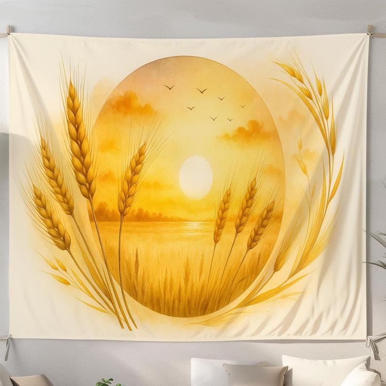 Golden wheat fields at sunset farm scenery tapestry