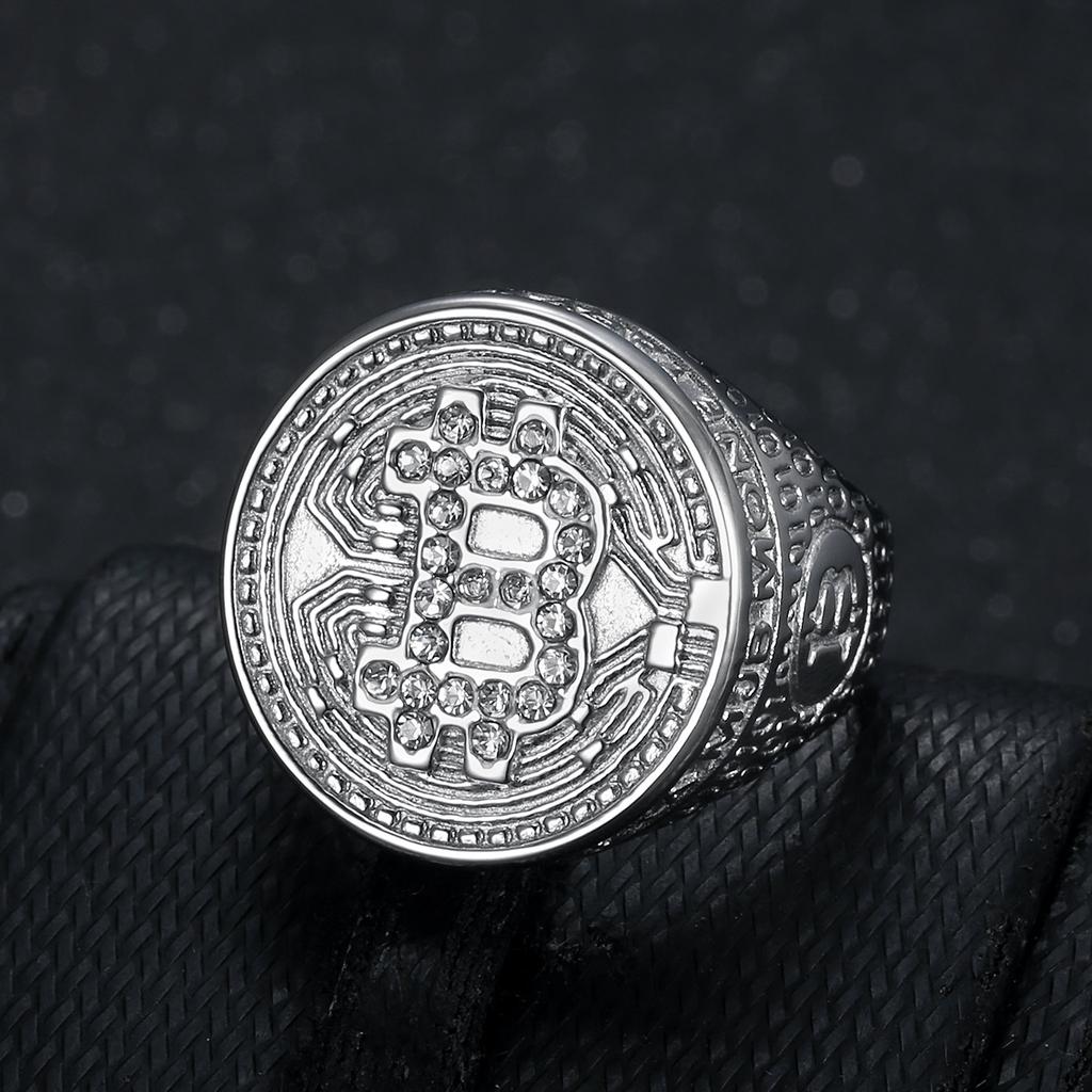 Модный Тренд 2025 года Ювелирные Изделия, Инкрустированные Драгоценными Камнями, Позолоченные с Алмазами, Мужское Кольцо с Буквой B Bitcoin