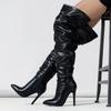 2024 Новые женские мотоциклетные ботинки на шпильке, модные плиссированные женские сапоги из искусственной кожи с острым носком выше колена