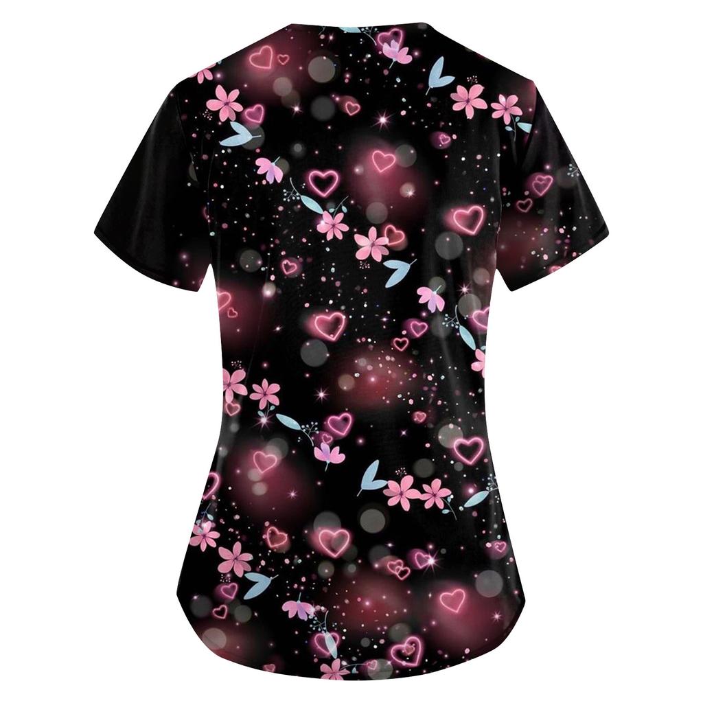 Женская модная рабочая одежда с v-образным вырезом, коротким рукавом и карманом с принтом ко Дню святого Валентина