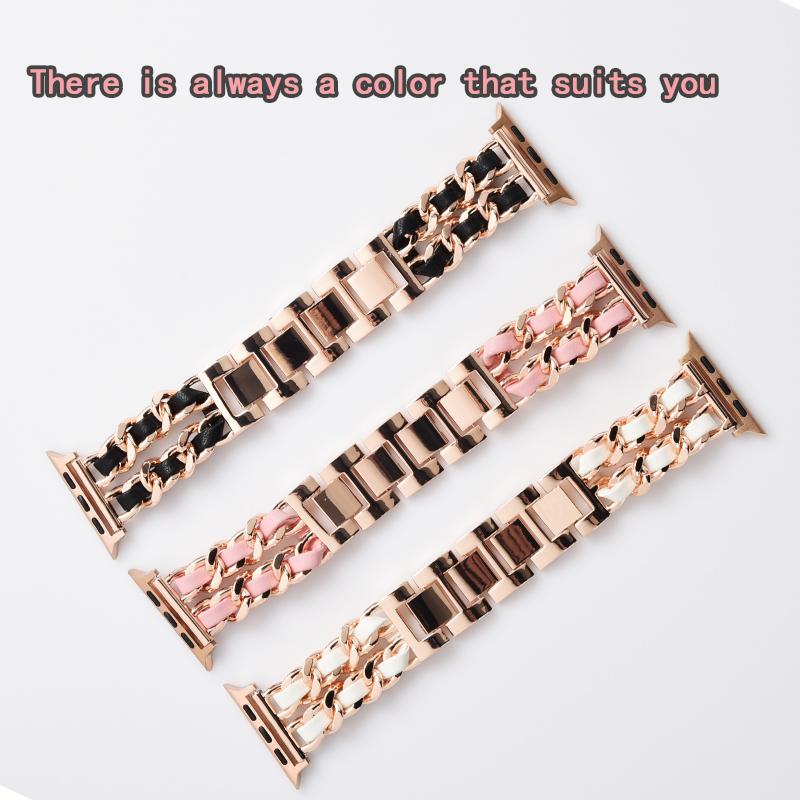 Watchband Double Row Metal Denim Chain Gold Wristband for Apple Watch Band 38 40 41 42 44 45 49 Mm Strap Lady Metal Leather Bracelet
