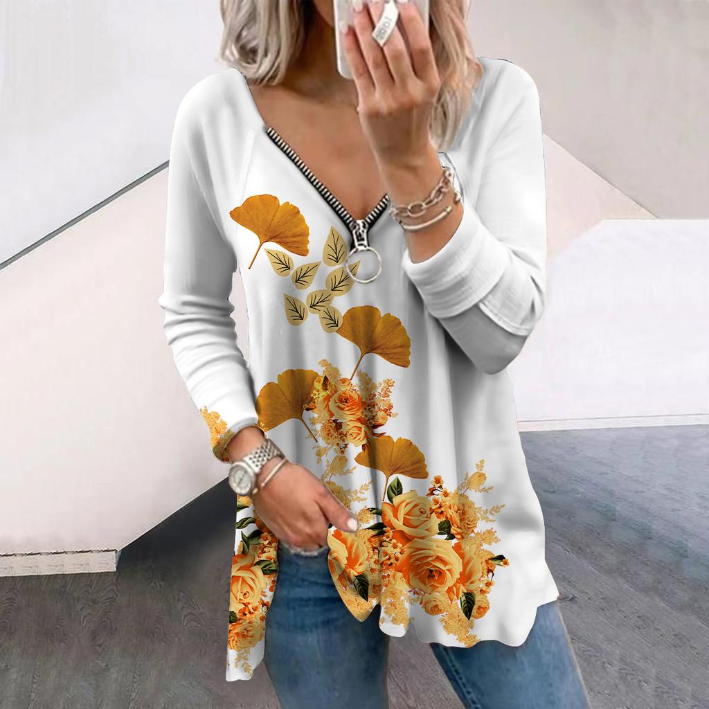 Женские осенние цветочные веерные розы с длинным рукавом футболки свободные V-образным вырезом больших размеров футболки топы удобные блузки