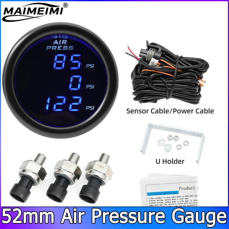 52mm Dual Air Suspension Gauge PSI 3IN1 Ride Pressure PSI Blue LED Air Pressure Gauge with 3pcs 1/8 NPT Sensor
