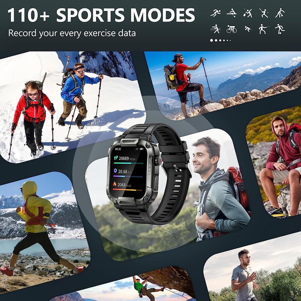 Smart Watch for Men Military Smart Watches IP68 Waterproof Smartwatch Bluetooth Call Outdoor Tactical Sports Rugged Fitness Tracker for iPhone Android