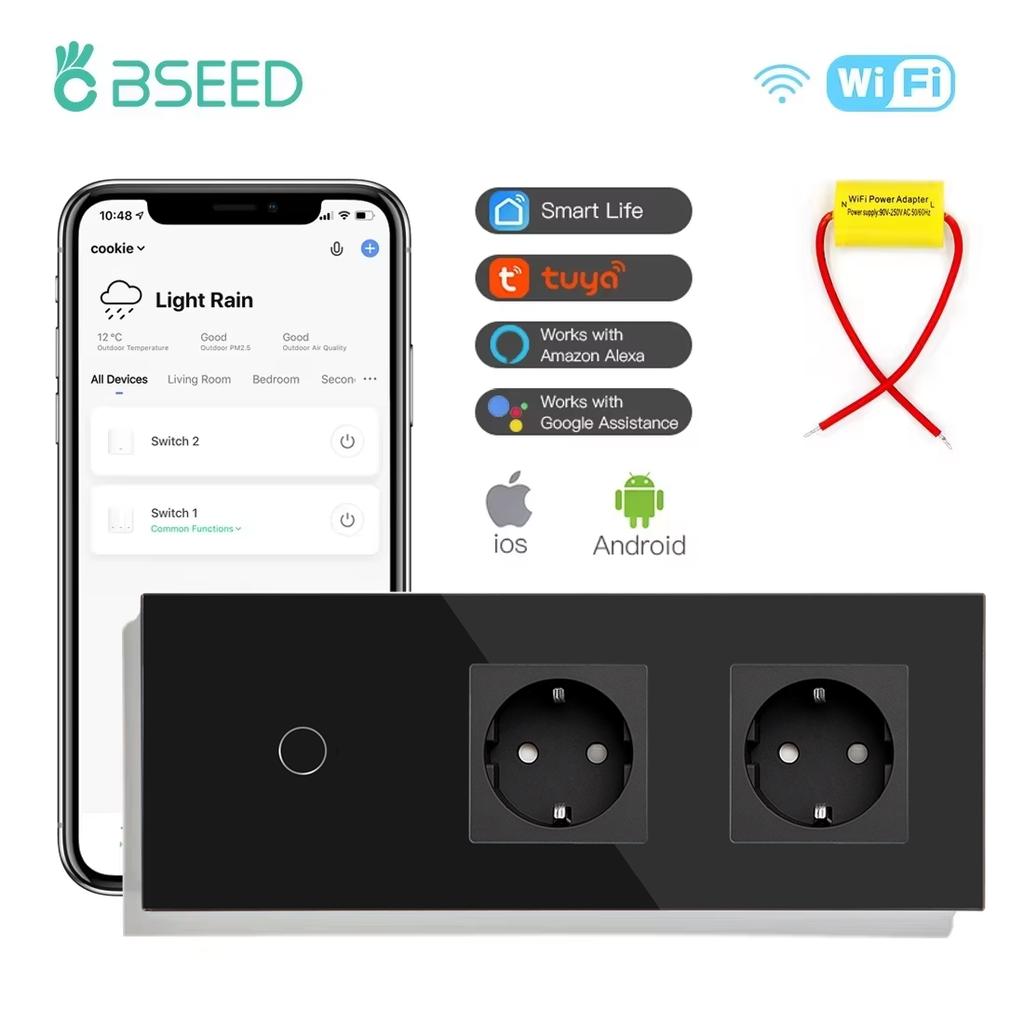 BSEED 1/2/3-клавишные Wifi сенсорные выключатели света Tuya Smart Life Приложение Alexa С розетками EU, портами питания USB, конденсатором в комплекте, черный