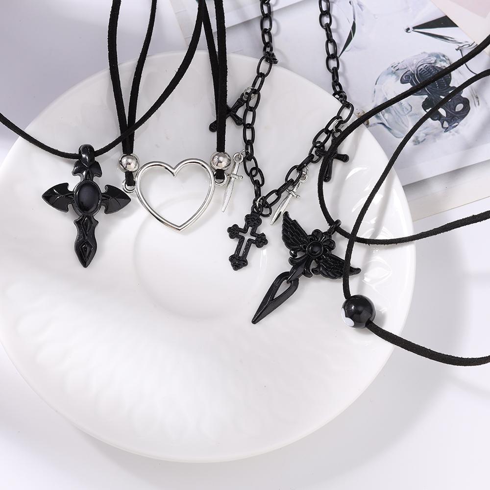 Cool Gothic Black Cross Pendant Necklace for Women Men Love Heart Leather Rope Necklaces Streetwear Hip Hop Punk Jewelry Gifts