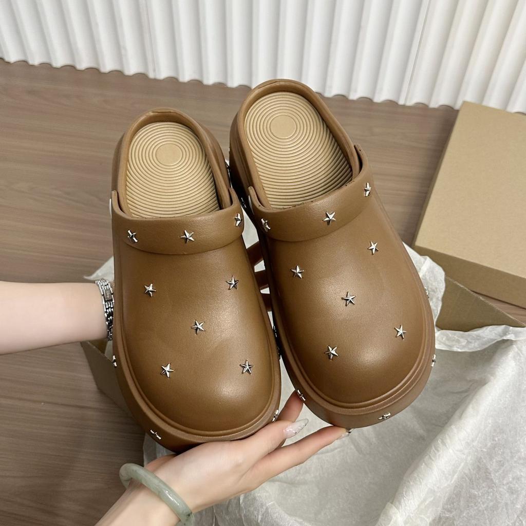 2025 Spring and Autumn New Cute Baotou Half Drag Non-slip Deodorant Sandals Small Man Height Increase Thick-soled Hole Shoes Women's