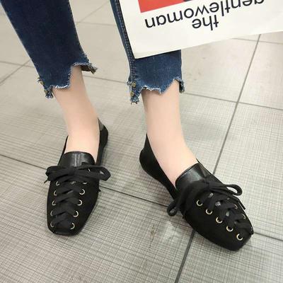 Одиночная обувь женская весна лето новая обувь Doudou на плоской подошве корейская версия универсальная студенческая на шнуровке маленькие кожаные туфли социальная мода