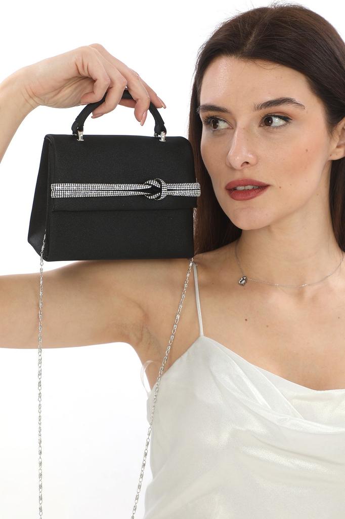 Women's Stylish and Useful Evening Dress Bag Black Color Suede Material Stone Accessory Magnetic Closure Shoulder Strap Available (Small Size)