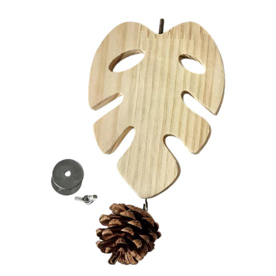 Жердочка для клетки попугая Деревянная платформа-подставка для попугая Лист Монстеры Плоская жердочка с сосновой шишкой для корелл, конуров, Жако Обточка когтей