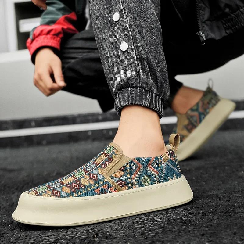 Мужская парусиновая обувь с принтом в этническом стиле. Дизайнерские лоферы на платформе. Дышащие повседневные кроссовки. Мужские эспадрильи без шнуровки.
