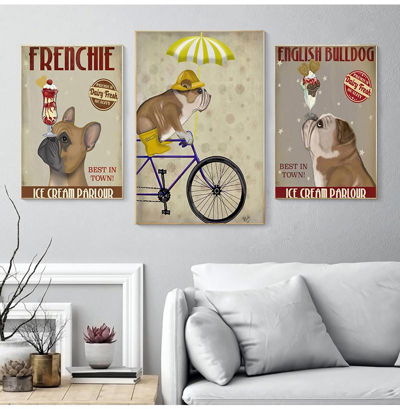 Английский бульдог мороженое собака живопись холст картины для гостиной собака велосипед настенное искусство ретро постеры и принты Quadros без рамки