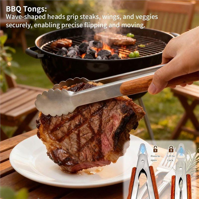 J1UL1N BBQ Grilling Tools Set, Stainless Steel Outdoor Grill Accessories With Wood Handles, Spatula, Fork, Brush& Tongs