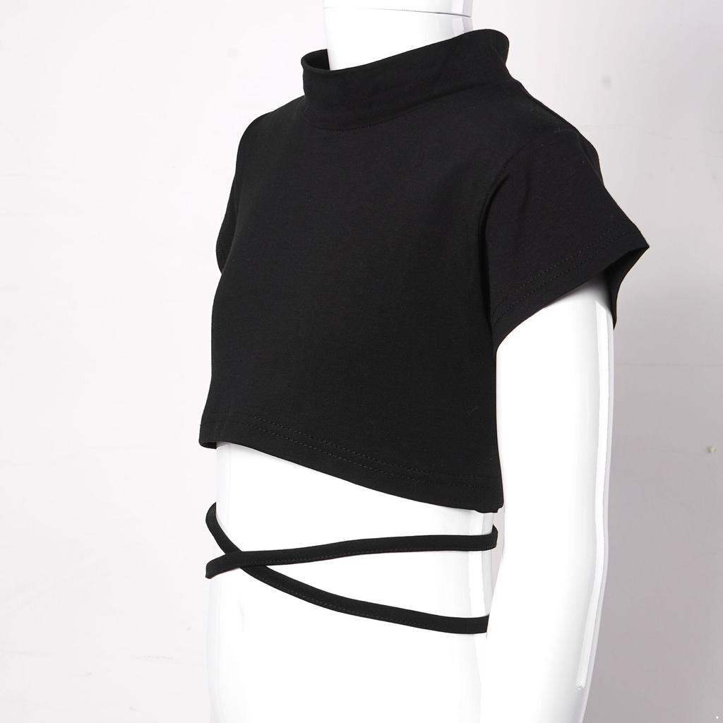 Kids Girls Short Sleeve Mock Neck Athletic Sports Crop Top Strappy Waist Jazz Dance Top T-Shirts