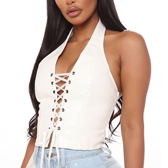 Женский жилет с лямкой на шее, сексуальный кардиган на шнуровке, тонкая блузка из искусственной кожи