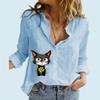 Women Fashion Buttoned Long Sleeve Shirt Ladies Casual Thin Cotton Linen Top Stand-collar Cat Print Long Sleeve Blouse