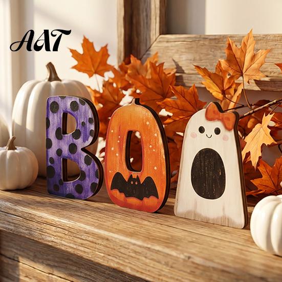 Playful Halloween Desktop Decorations Wooden BOO Ornaments, Lettering Decorations, Rustic Bat Pumpkin Ghost Small Ornaments for Windowsills