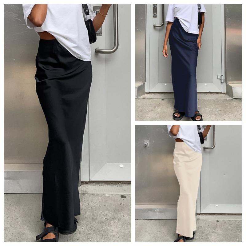Elegant Satin Black Trumpet Skirts Fashion Slim High Waist Skirts Women Female 2023 Solid Office Long Skirt Spring Summer