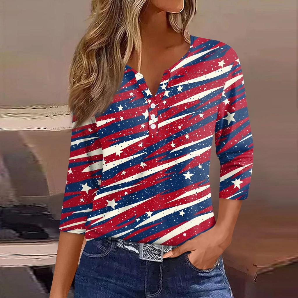 Жен. Футболка С принтом Пуговицы Рукав 3/4 Повседневные Выходные Мода Классический Классический V-образный вырез Обычный Верх