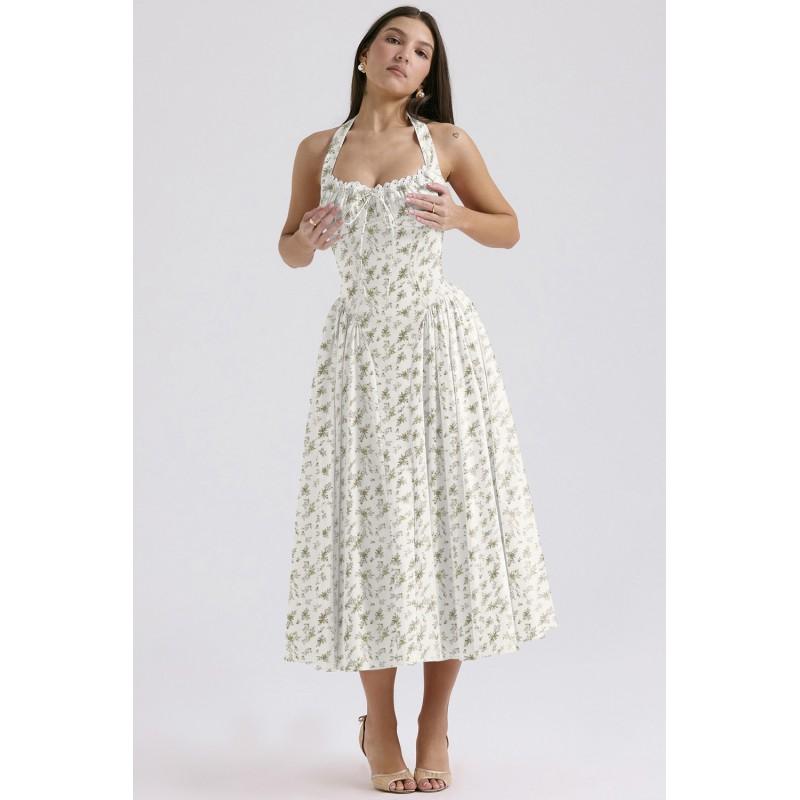 Fit Flare Halter Maxi Dress Floral Print Lace Trim Elegant
