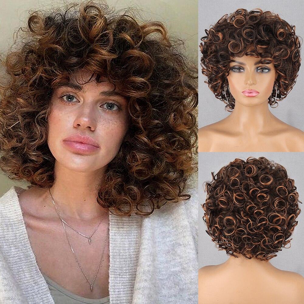 XINRAN Fluffy Wigs Synthetic Short Curly Wig Large Roll Extension Large Short Curly Flexible Soft Natural Full Bob Wigs For Women Cosplay Daily