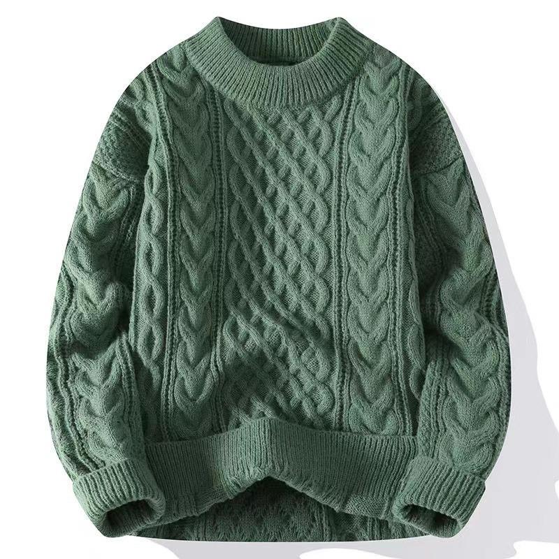 Men Trendy Knitted Sweater Casual Warm Inner Loose-fit Pullover Cozy Round Neck Soft Supple Fall Winter Fashion