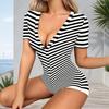 Women Plus Size Black White Printed Romper V Neck Short Sleeve Button Front Fitted Waist