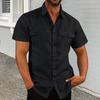 Весна-осень Мужская рубашка с нагрудными карманами Отложной воротник Застежка на пуговицы Короткий рукав Однотонный свободный кардиган Повседневная рубашка