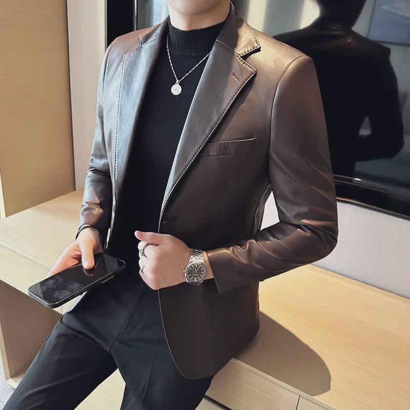 Мужская однотонная кожаная куртка - модный приталенный деловой повседневный стиль, DX02.