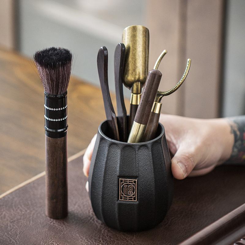 Чайный сервиз из черного сандалового дерева, чайная церемония, костюм для шести джентльменов, принадлежности для заваривания чая, ложка-клипса, чайный сервиз, аксессуары для чайного искусства