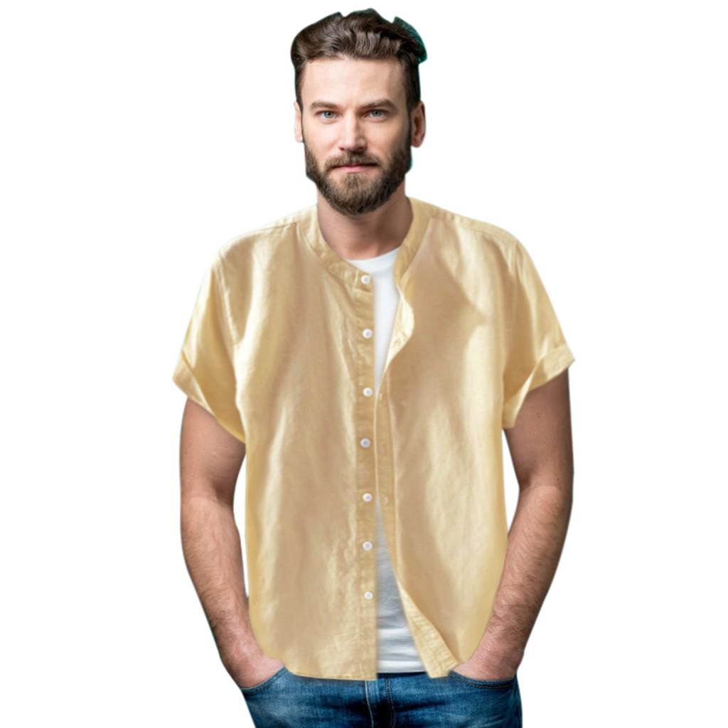 Мужские мешковатые хлопковые льняные однотонные футболки с короткими рукавами и пуговицами в стиле ретро, ​​топы, блузки