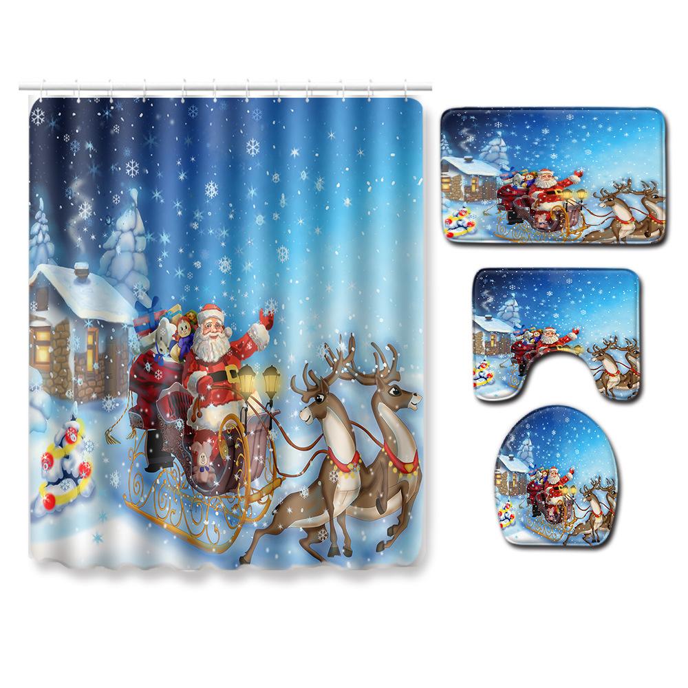 Christmas Waterproof Shower Curtain Four-Piece Floor Mat Combination Set Household Door Mat Bedroom Living Room Carpet