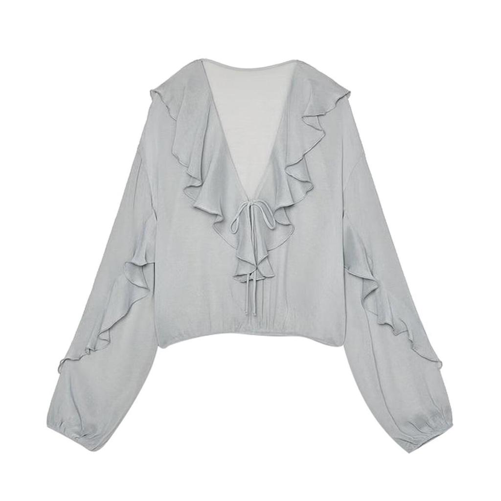 Элегантная женская рубашка ZA с V-образным вырезом, многослойными длинными рукавами и текстурой, 2025