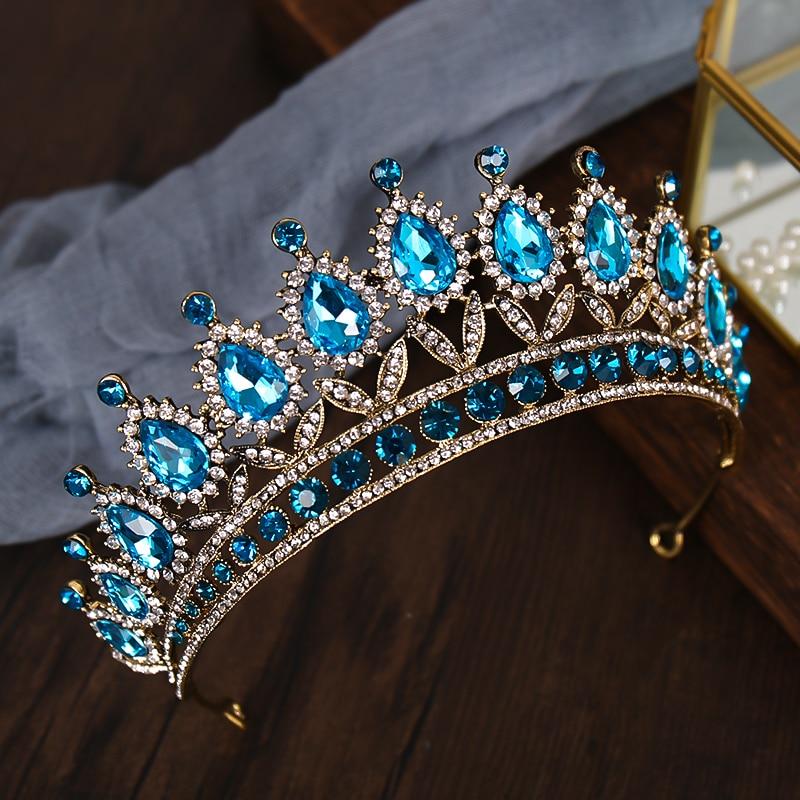 Luxury Blue Rhinestone Crystal Wedding Crown Bride Tiaras And Crowns Queen Diadem Pageant Crown Bridal Hair Jewelry Accessories