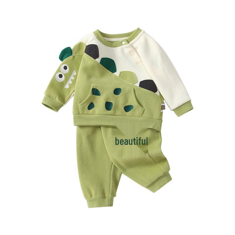 2025 Autumn Baby Boy Green Dinosaur Two-Piece Set: Long Sleeve & Pants for Casual Outings