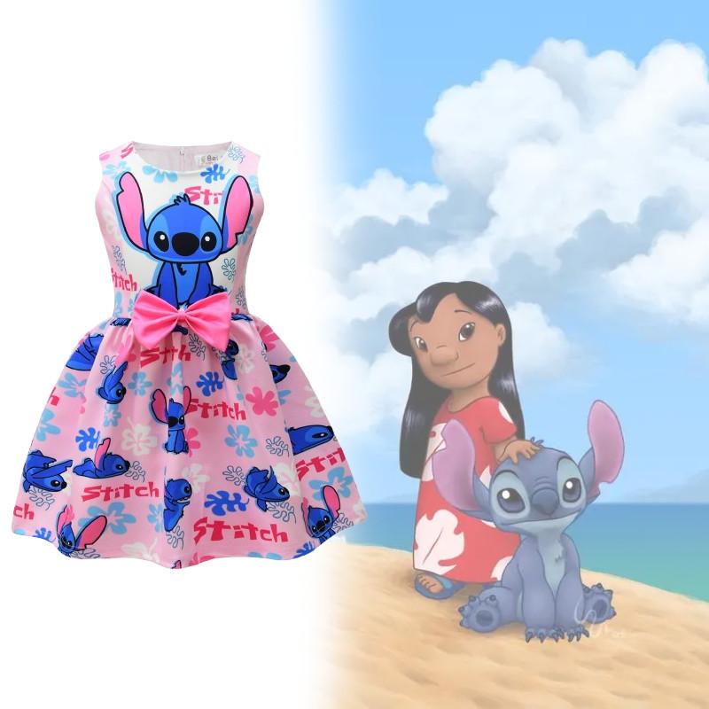 Lilo Stitch Girl Dress With Cotton Blend Fabric And Cartoon Pattern For Kids Ages 3 To 8