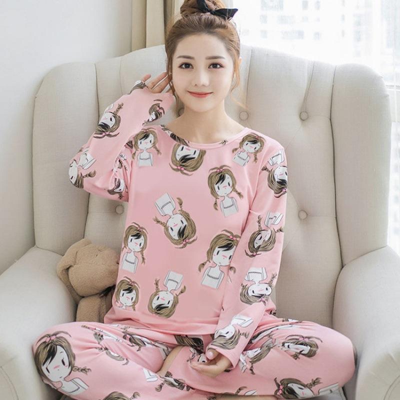 Весенне-осенняя новая пижама с длинным рукавом женская с круглым вырезом милые брюки пуловер мультяшные брюки домашняя одежда Инс тонкая