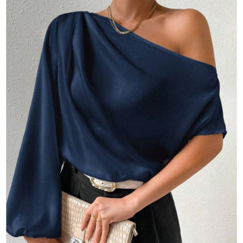 Сексуальные элегантные повседневные блузки с косым воротником и длинным рукавом, женские модные рубашки с открытыми плечами, топы, однотонные, простые, приталенные, женские блузки 26399