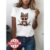 Мультяшный принт с животными, Круглый вырез, Женская короткая футболка, Однотонная футболка