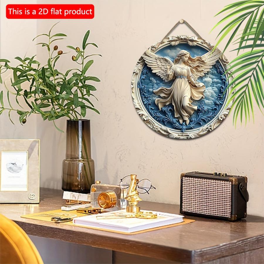 1 шт. 2D Плоский круглый деревянный настенный рисунок в стиле ангела - декоративный знак в классическом стиле - 20 см настенный, не требует электричества, универсальное использование для дома